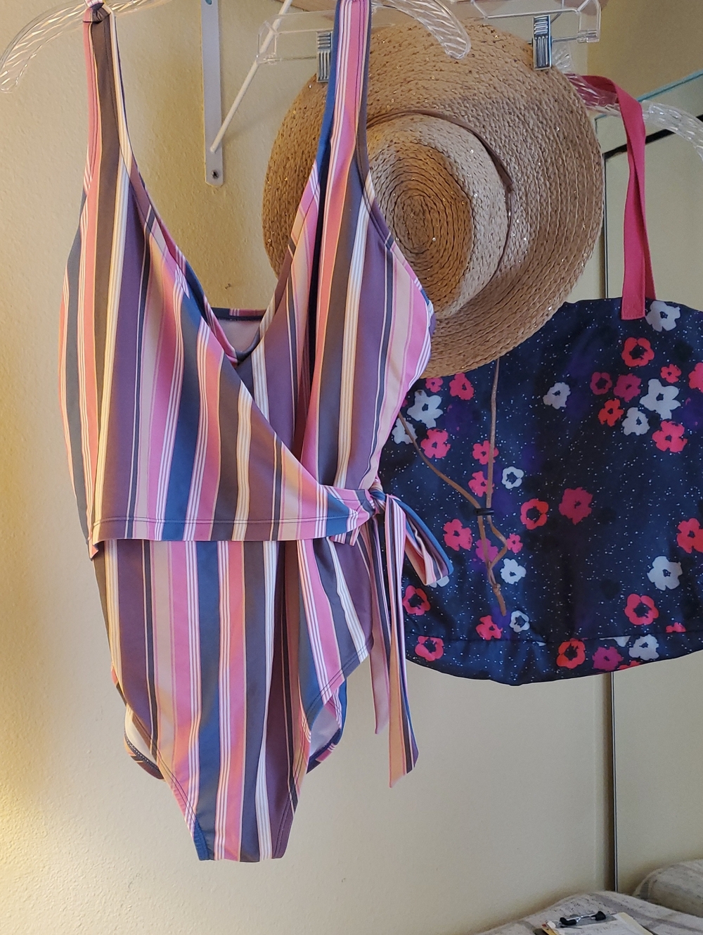 Wrap Swimsuit in Pink, Purple & Cream By AQUA culture Plus Hat & Free TOTE